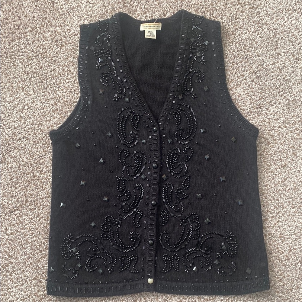 Vintage Black Beaded Knit Vest Sweater - Liz Claiborne